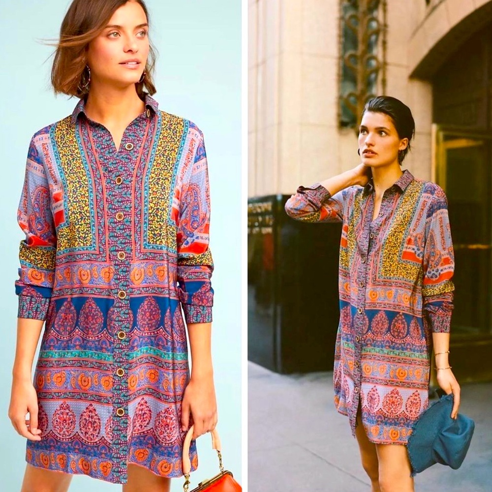 Anthropologie Blue and Purple Polo Collar Shirt Dress